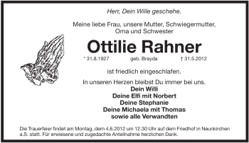 Traueranzeige von Ottilie Rahner von Pegnitz-Zeitung